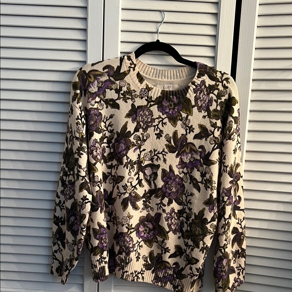 LOFT Cream Knit Sweater with Purple and Olive Floral Accents